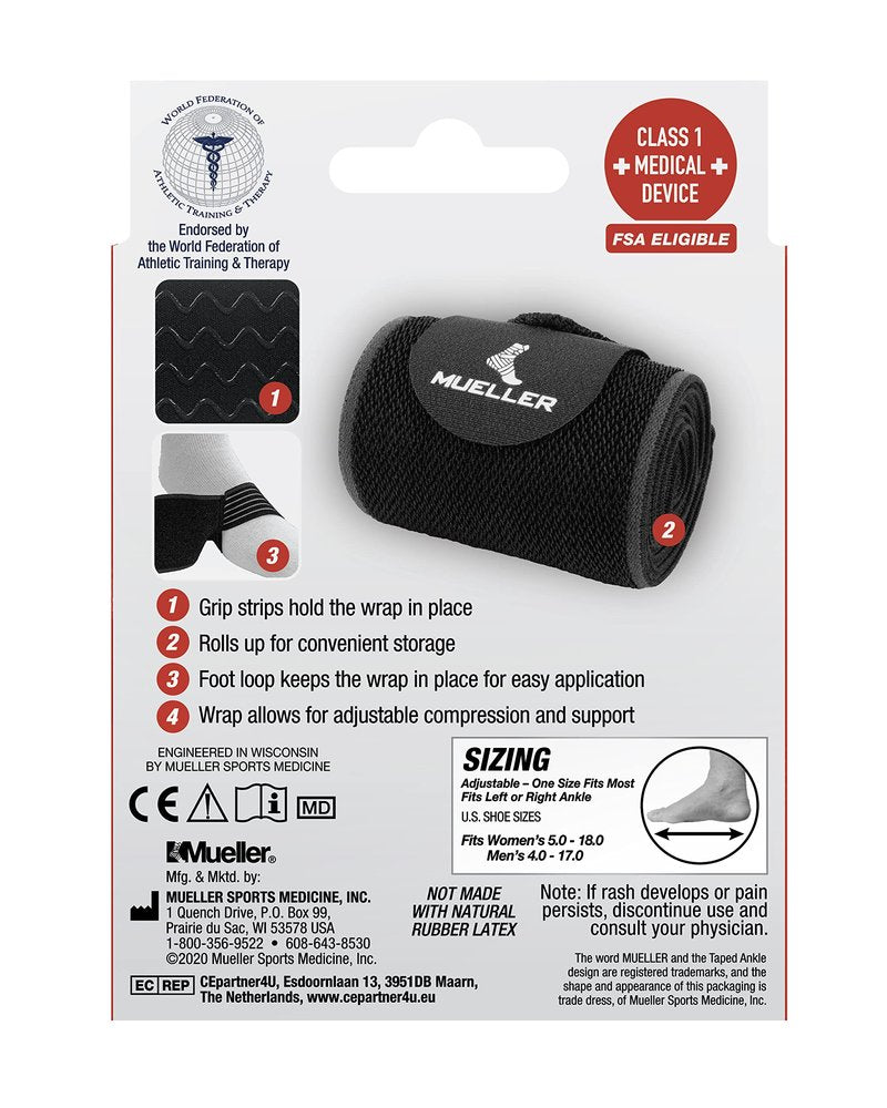 MUELLER Sports Medicine Easy Grip Adjustable Ankle Wrap, Ankle Pain Relief Support for Men and Women, Ideal for Sprains, Strains, Arthritis, Black, One Size