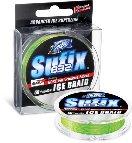 Sufix Advanced 832 Ice Braid Fishing Line, High-Strength, Low-Stretch Ice Fishing Braid for Extreme Cold Durability, 50 Yard Spool, 6 LB, Neon Lime
