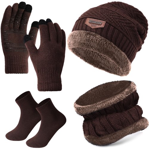 Shyyween 4 Pcs Winter Knit Beanie Hat Neck Warmer Scarf Touch Screen Gloves and Sock Set Fleece Lined Skull Cap for Men Women(Brown)
