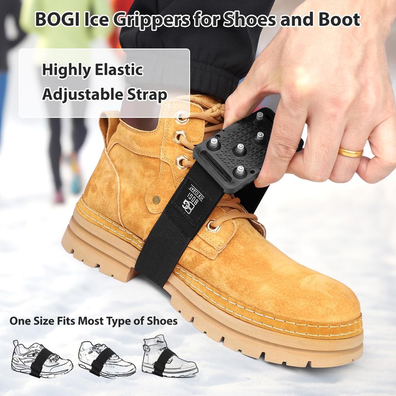 BOGI Ice Cleats Crampons, Rotatable Traction Ice Cleats for Shoes and Boots with Tungsten Studs Ice Grippers for Shoes with Adjustable Straps for Men Women in Winter Indoor/Outdoor
