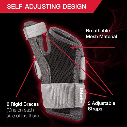 MUELLER Sports Medicine Adjust-to-Fit Thumb Brace, Spica Splint, Thumb Pain Relief Stabilizer for Men and Women, Ideal for De Quervain's Tenosynovitis, Arthritis, Sprains, Fits Right or Left, Gray, One Size