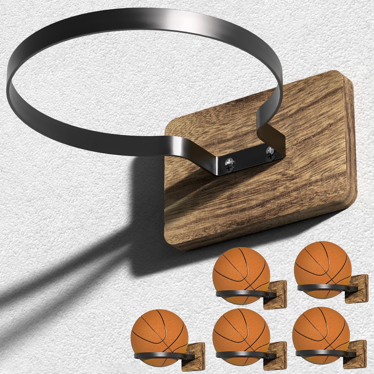 6 Pcs Wall Mount Basketball Holder with Wooden Base – Ball Storage Display Rack for Autograph Basketball, Football, Soccer, Volleyball – Sports Organizer for Player Fans, Home Gym, Bedroom, Garage