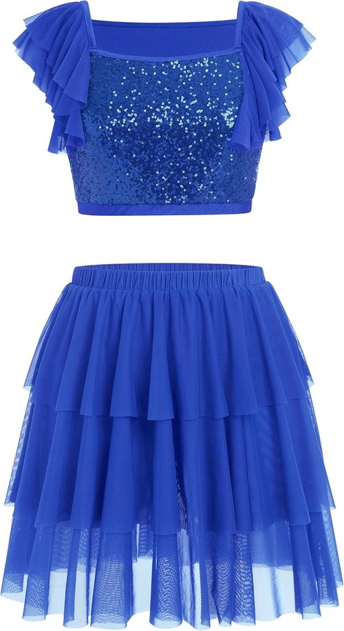 Lyrical Dance Dress - Sparkly Sequins Crop Top & Tiered Chiffon Midi Skirt | Women's Contemporary Outfit