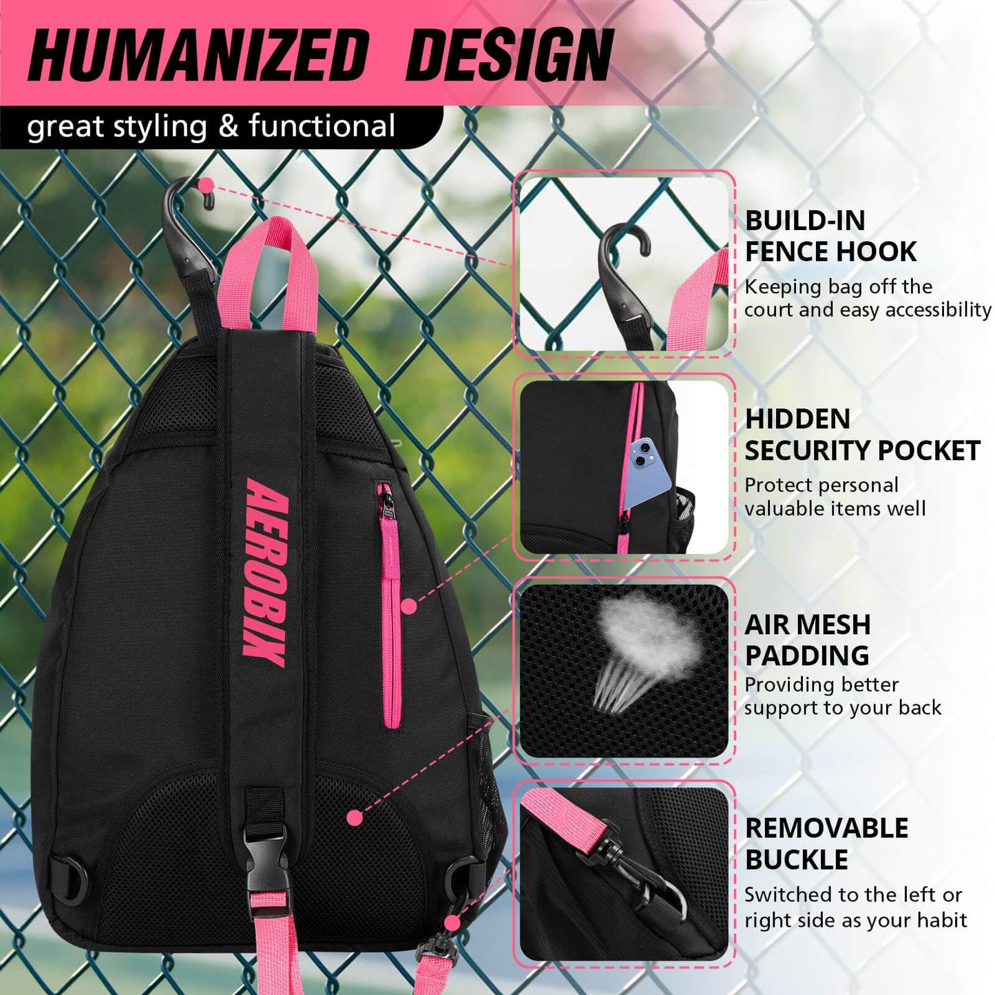 AEROBIX Pink Pickleball Bag for Women & Men, Pickle Ball Backpack - Upgraded Zippers, Large Capacity, Padded Paddle Pocket, Adjustable Sling Bag (No Accessories)