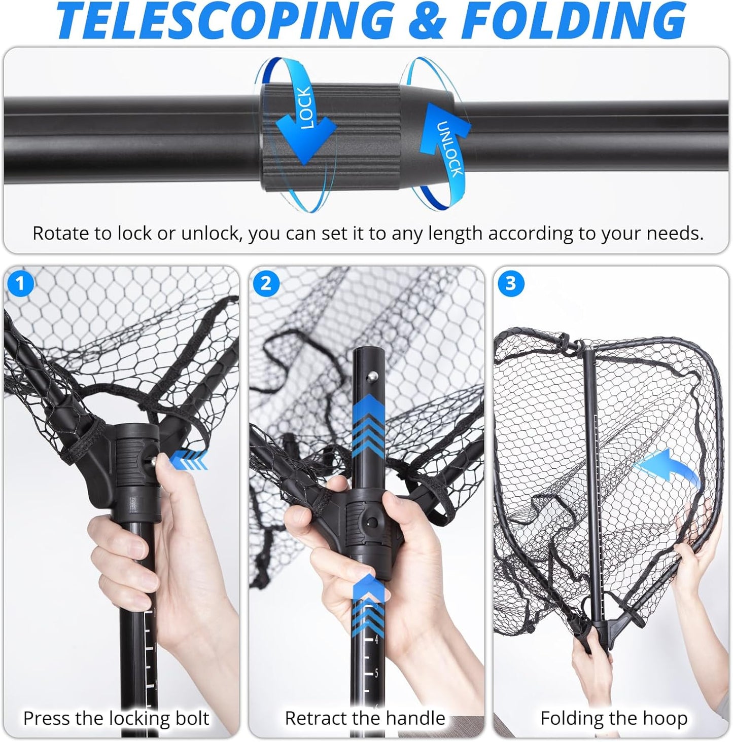Telescoping Fishing Net by [Brand Name] - Lightweight Folding Landing Net with Rubber Netting | 56″-75″ Length, 20″ x 19″ Hoop