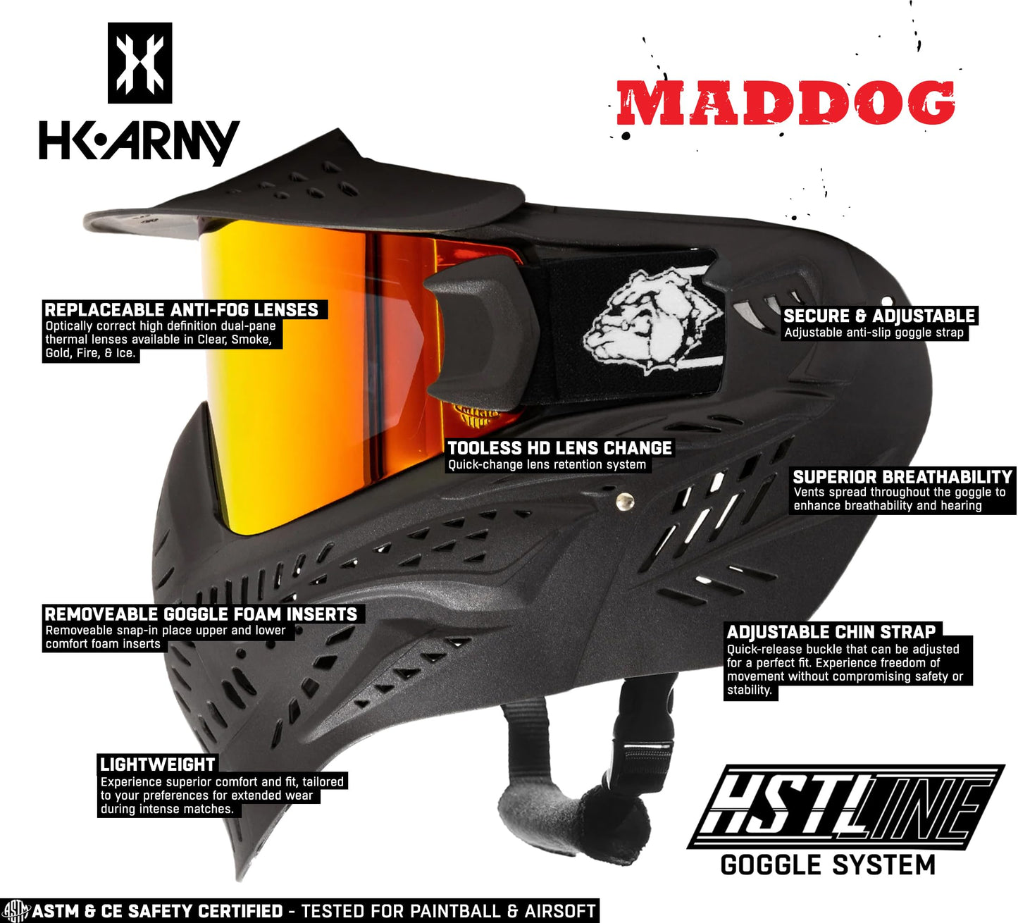 Maddog HK Army HSTL Paintball Airsoft Mask Goggle System | Replaceable Thermal Dual-Pane Anti Fog Lens | Adjustable Full-Face Safety Certified Protection - Black with Fire Lens