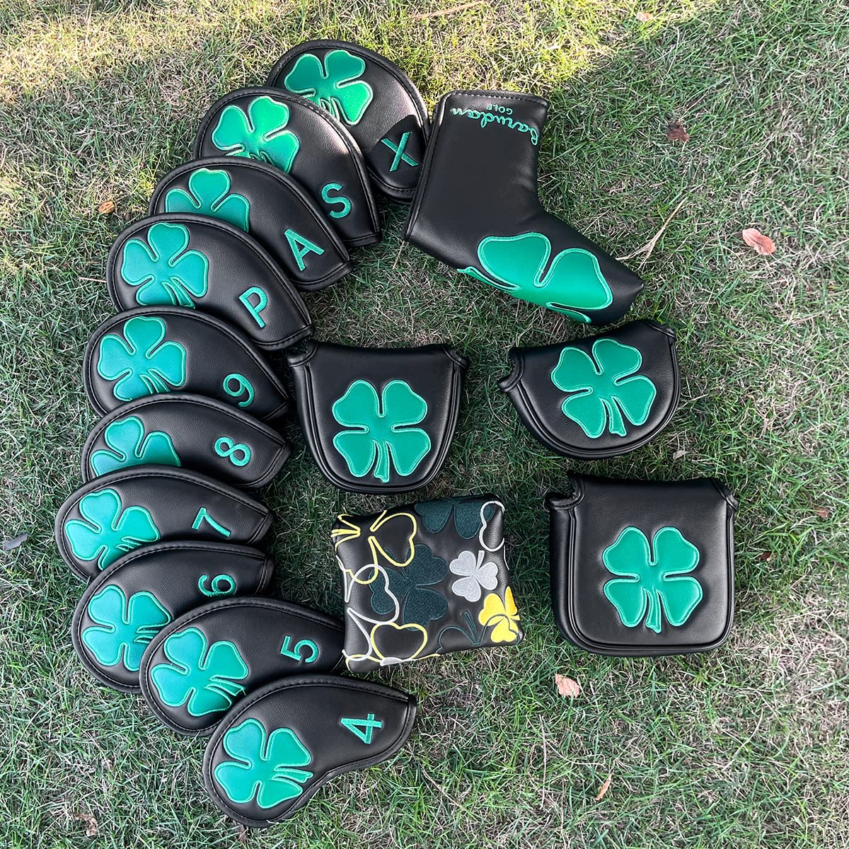 Golf Iron Covers Headcovers Club Head Cover, 4 Leaf Clover Synthetic Leather Made for Oversized Standard Small Size Pack of 10 (Black)