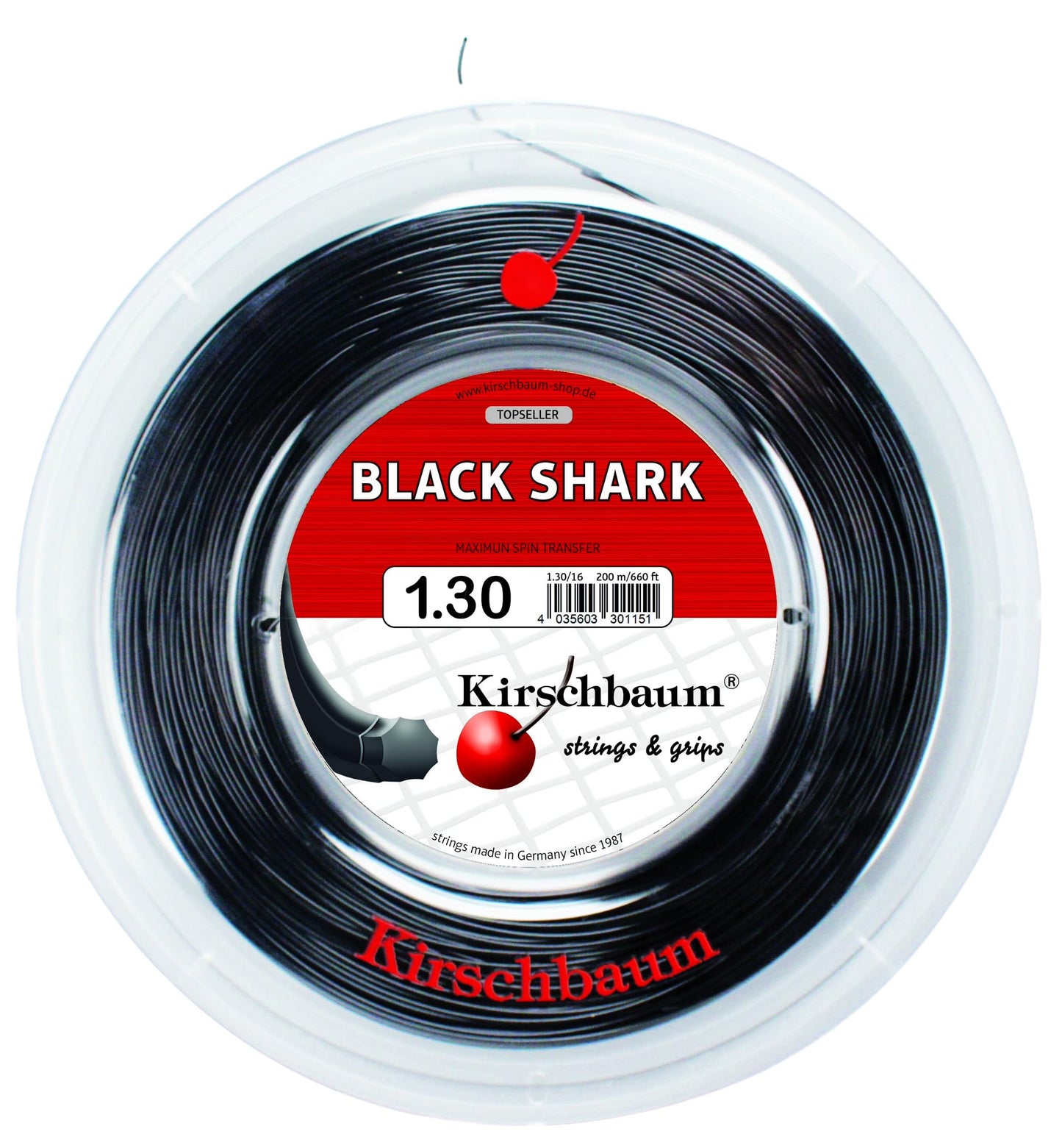 Kirschbaum Reel Black Shark Tennis String, 1.30mm/16-Gauge, Black