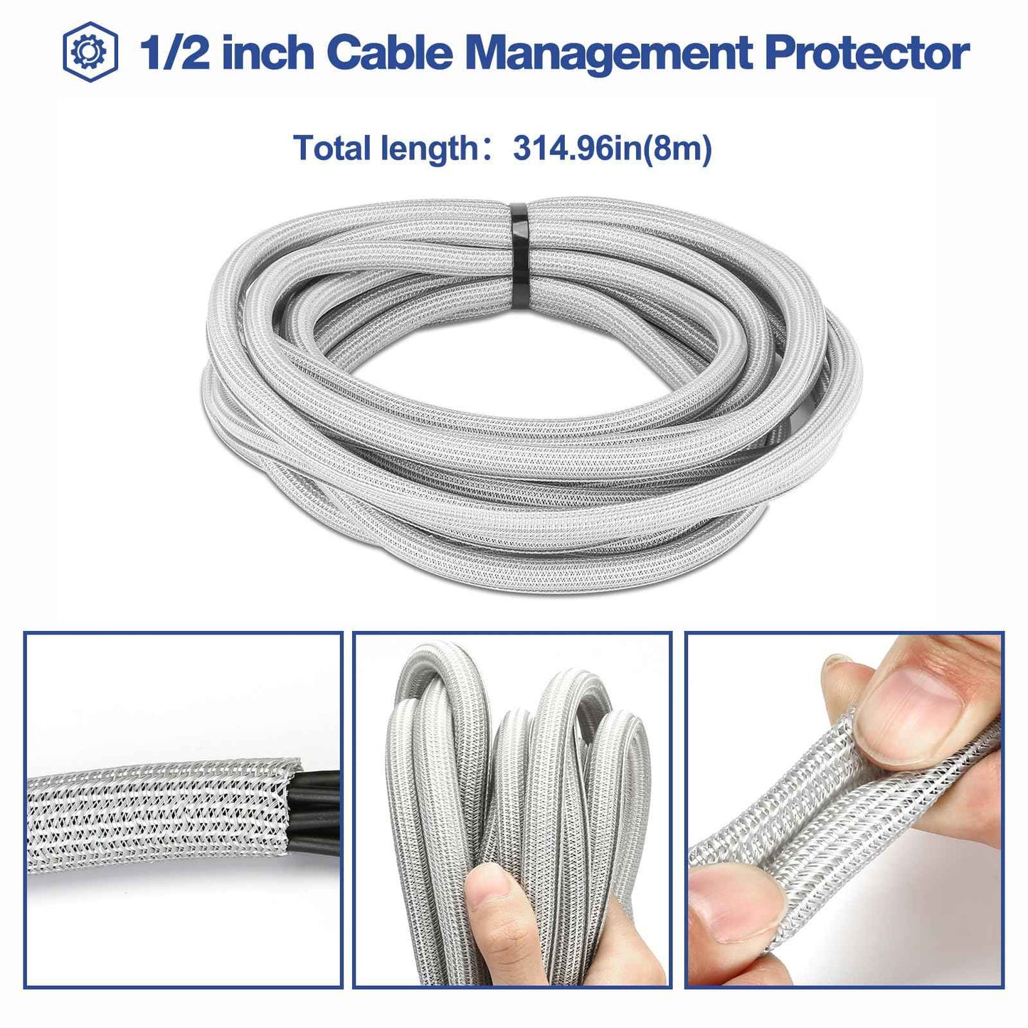 JOTO 1 Pack Cable Management Sleeve, 26 Feet Cord Organizer System with Zipper for TV Computer Office Home Entertainment, Flexible Cable Sleeve Wrap Cover Wire Hider System -Grey