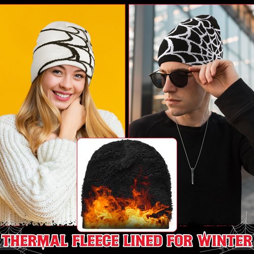 Jeyiour 4 Pcs Y2k Beanies Spider Web Pattern Beanie Gothic Acrylic Knitted Hat Casual Streetwear Outdoor for Men Women(Classic Color,Fleece Lined)