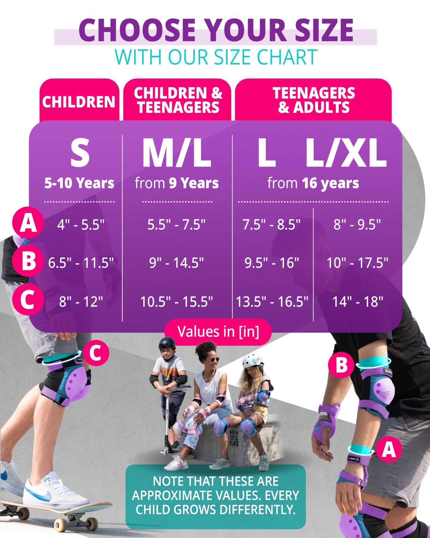 SKATEWIZ Kids Knee Pads and Elbow Pads Set - Wrist Guards for Skateboarding - Smash - Size M/L Blue Purple - Skating Protective Gear, Roller Skates, Skateboard - Ice Skating Kids
