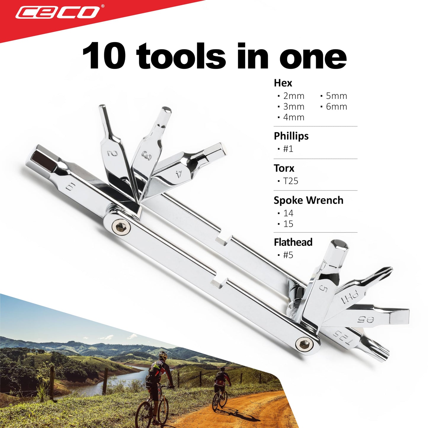 CECO USA 10 Function Bicycle Multi Tool, Ultra Slim Sized, Lightweight, Polished Chrome Finish, High Strength CR-V 6150 Tool Steel, Mountain Bike, Road Bike