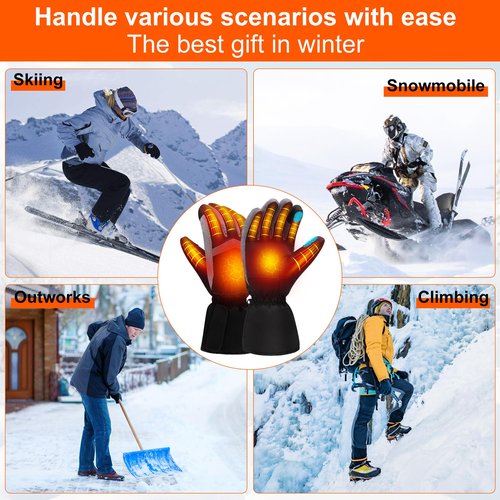 QILOVE Heated Gloves for Men Women, Rechargeable Electric Gloves Waterproof&Windproof, Touchscreen, Non-Slip Grip with 3 Heating Levels for Motorcycling, Skiing, Outdoor Work & Winter Sports