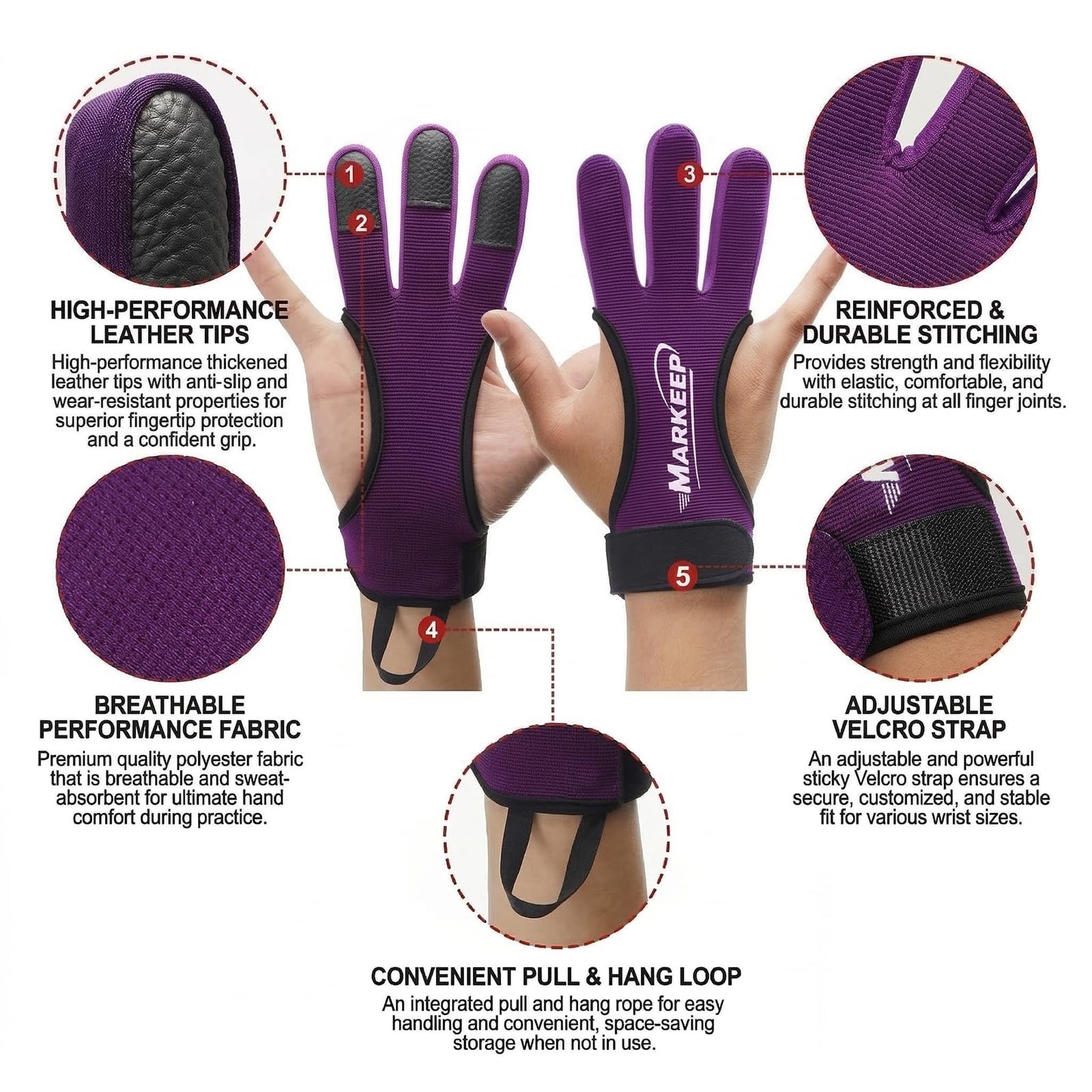 MARKEEP Archery Gloves 2 Pack Shooting Hunting Leather Guard 3-Finger Guard for Youth Adult Man Woman and Beginner Recurve Arrow Bow Archery Protective Gear Accessories