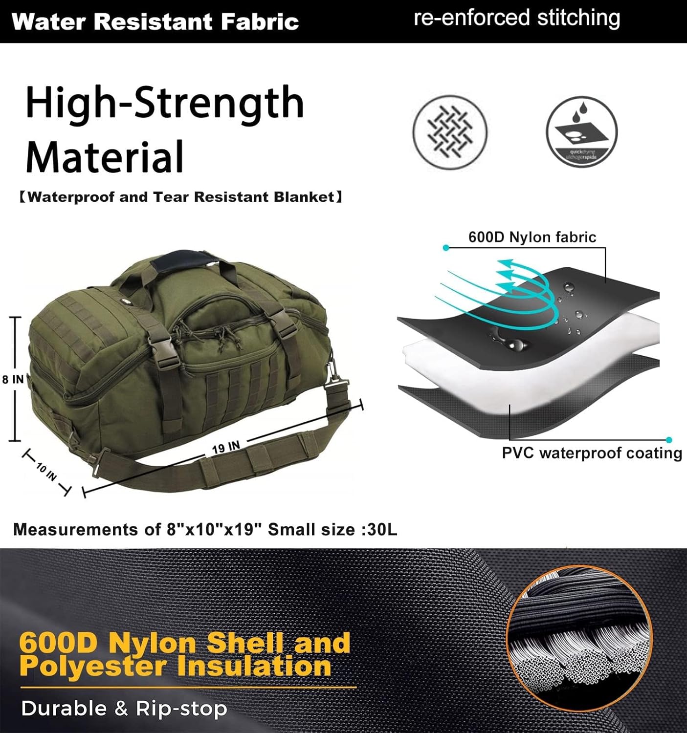 Miramrax Travel Duffle Bag - Large Tactical Backpack for Men | 25L Gym & Overnight Bag (Green)