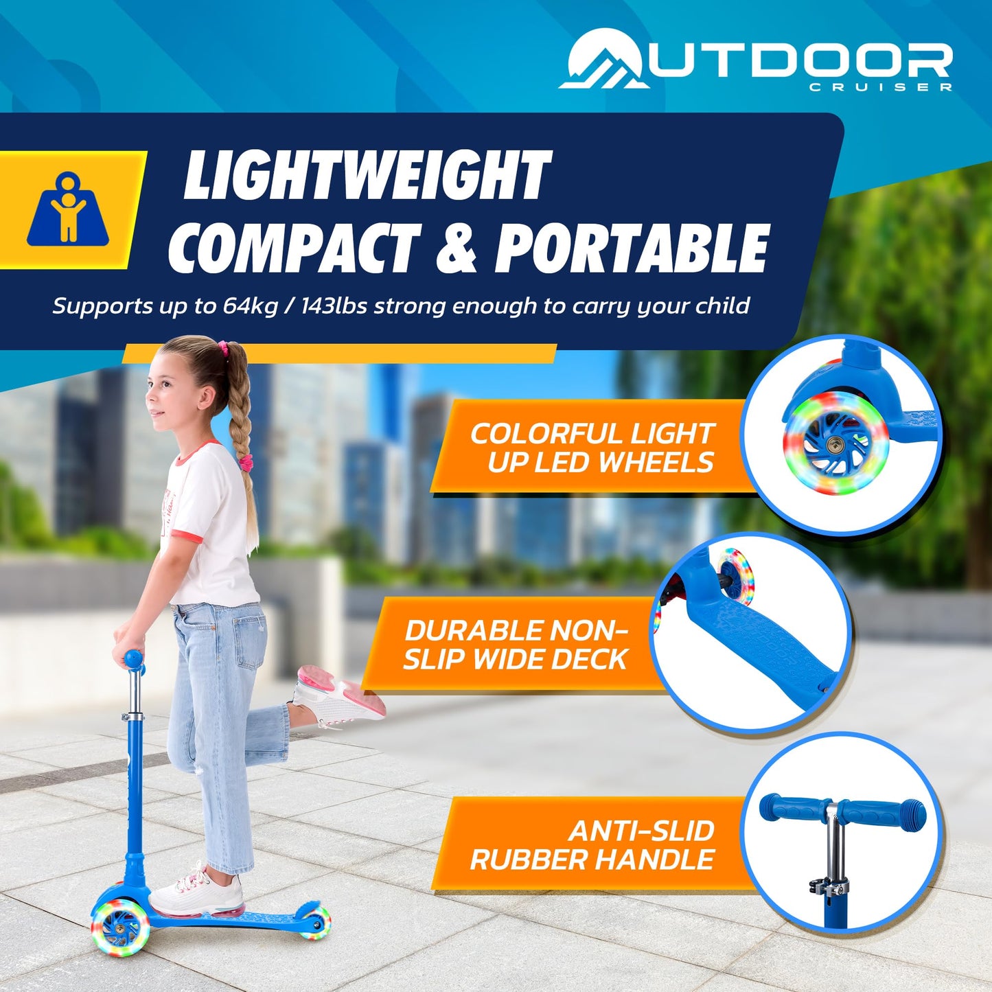 Outdoor Cruiser 3-Wheel Kids Scooter – with Lean-to-Steer Technology, Wide Deck, Led Lighted Wheel, 4-Level Adjustable Height T-bar Handle, Support Kids Up to 150 Lbs, for Boys & Girls Ages 3-8, Blue