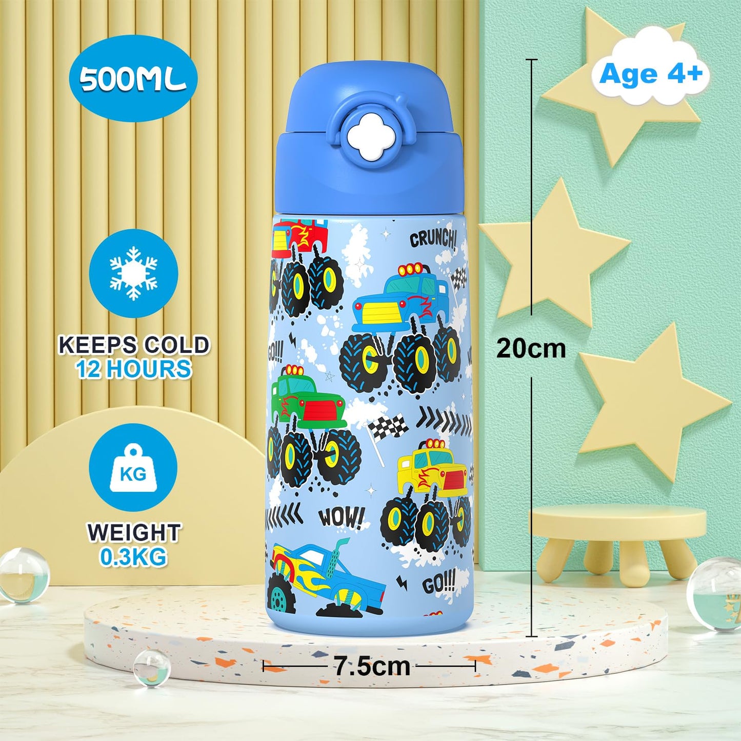 Ntswasd Boys Monster Truck Insulated Water Bottle with Covered Pop-Up Straw,16 oz Kids Cups with Stainless Steel Leak Proof for School