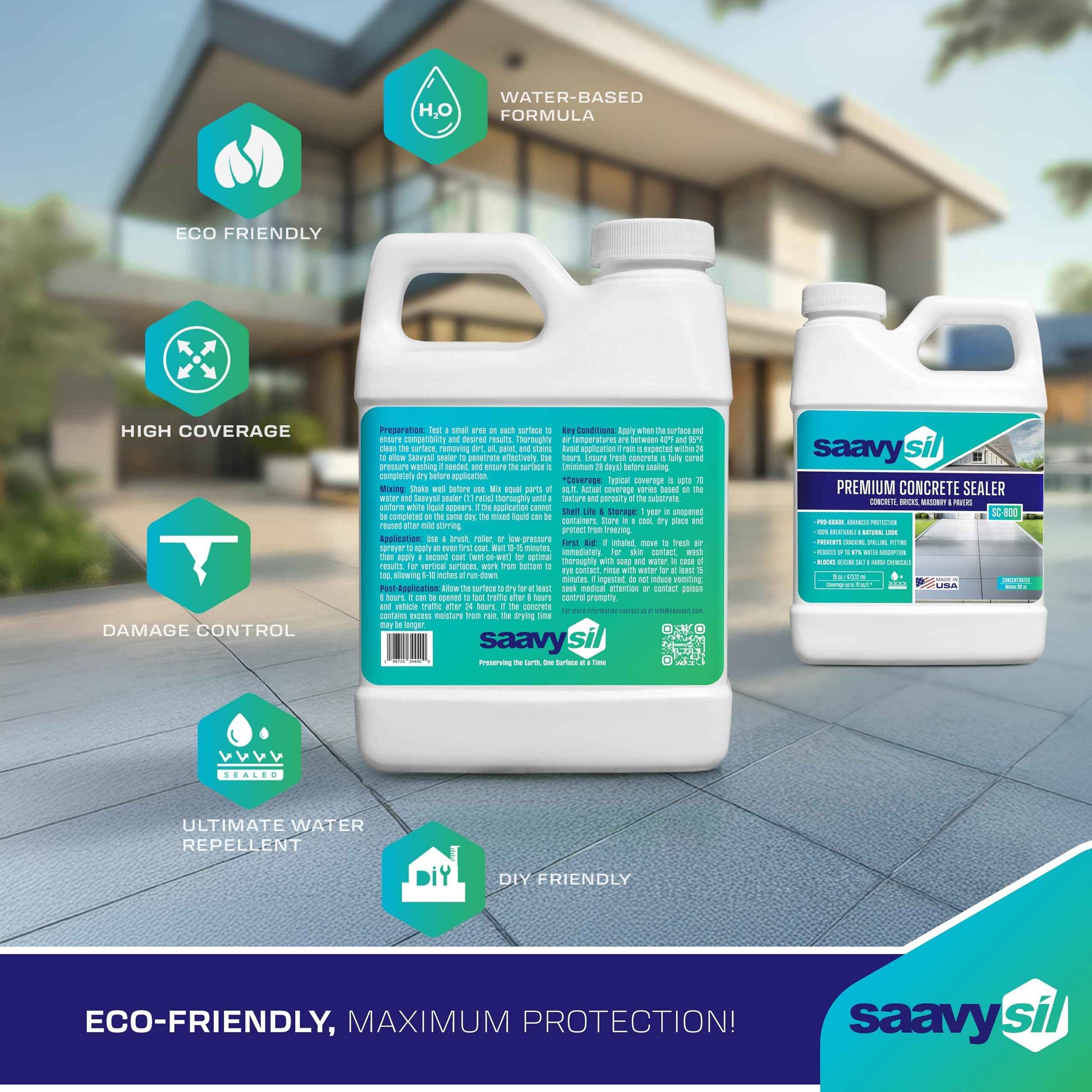 Silane Siloxane Penetrating Concrete Sealer – 16 oz Makes 32 oz – Water-Based Waterproof Protection for Indoor/Outdoor Concrete, Masonry, Brick, Pavers & Stone – Clear Finish