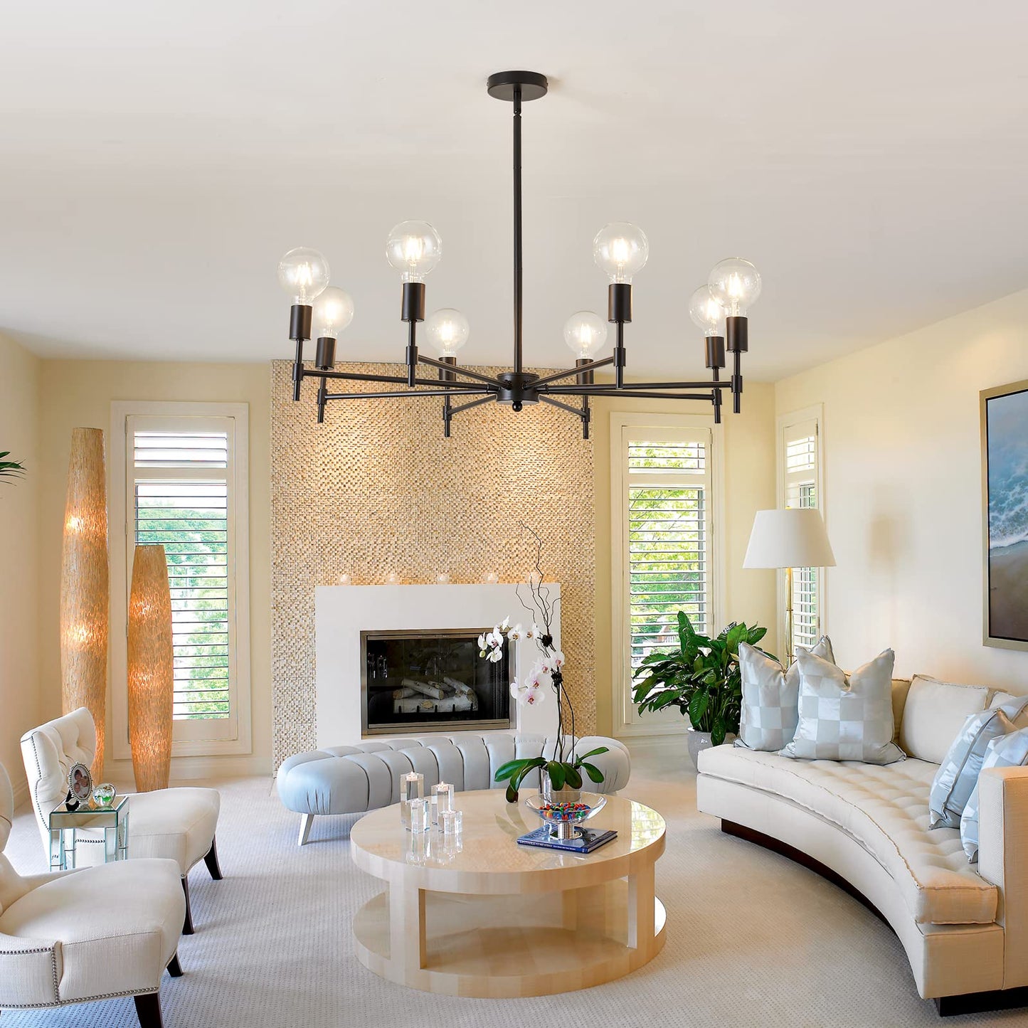 ASGYISA 8-Light Black Sputnik Chandelier Matte Industrial Flush Mount Ceiling Light Fixture Metal Modern Pendant Light for Farmhouse, Bedroom, Kitchen, Dining, Living Room, Island