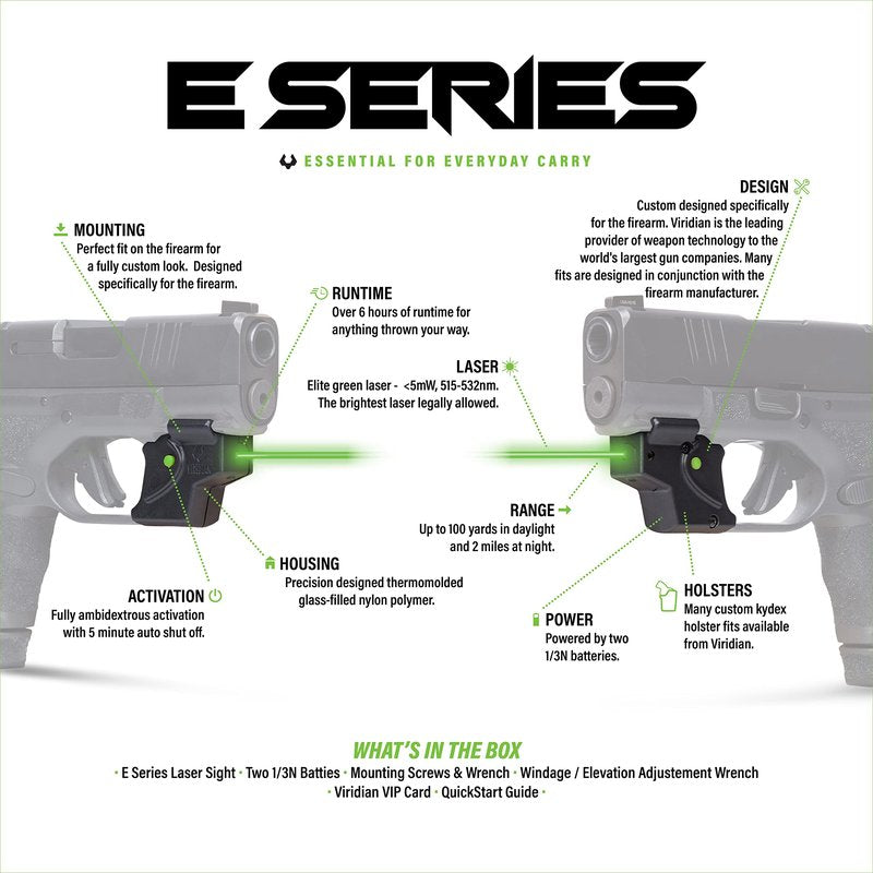 Viridian E Series Green Laser Sight for Springfield Hellcat, Gun Sight with Ambidextrous On and Off Switch, FDE
