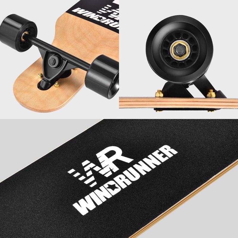Windrunner 41 inch Freeride Longboard Skateboard,8-Ply Natural Maple Drop Through Freestyle Complete Skateboard Cruiser Pintail for Cruising,Carving,Free-Style and Downhill,Black and White Case