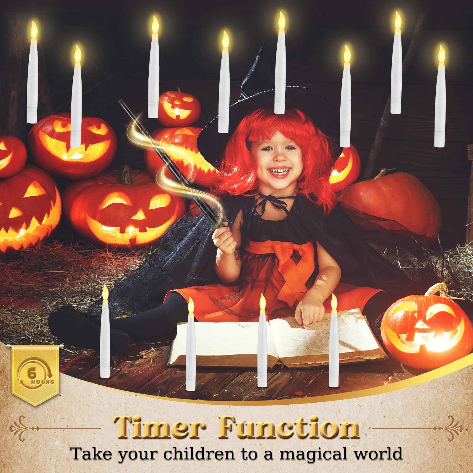 Halloween Decorations - Floating Candles with Wand & 6-Hour Timer - Flameless LED Hanging Candles with Clip, Battery Operated Window Taper Candle for Indoor/Outdoor Halloween & Holiday Decor 12PCS