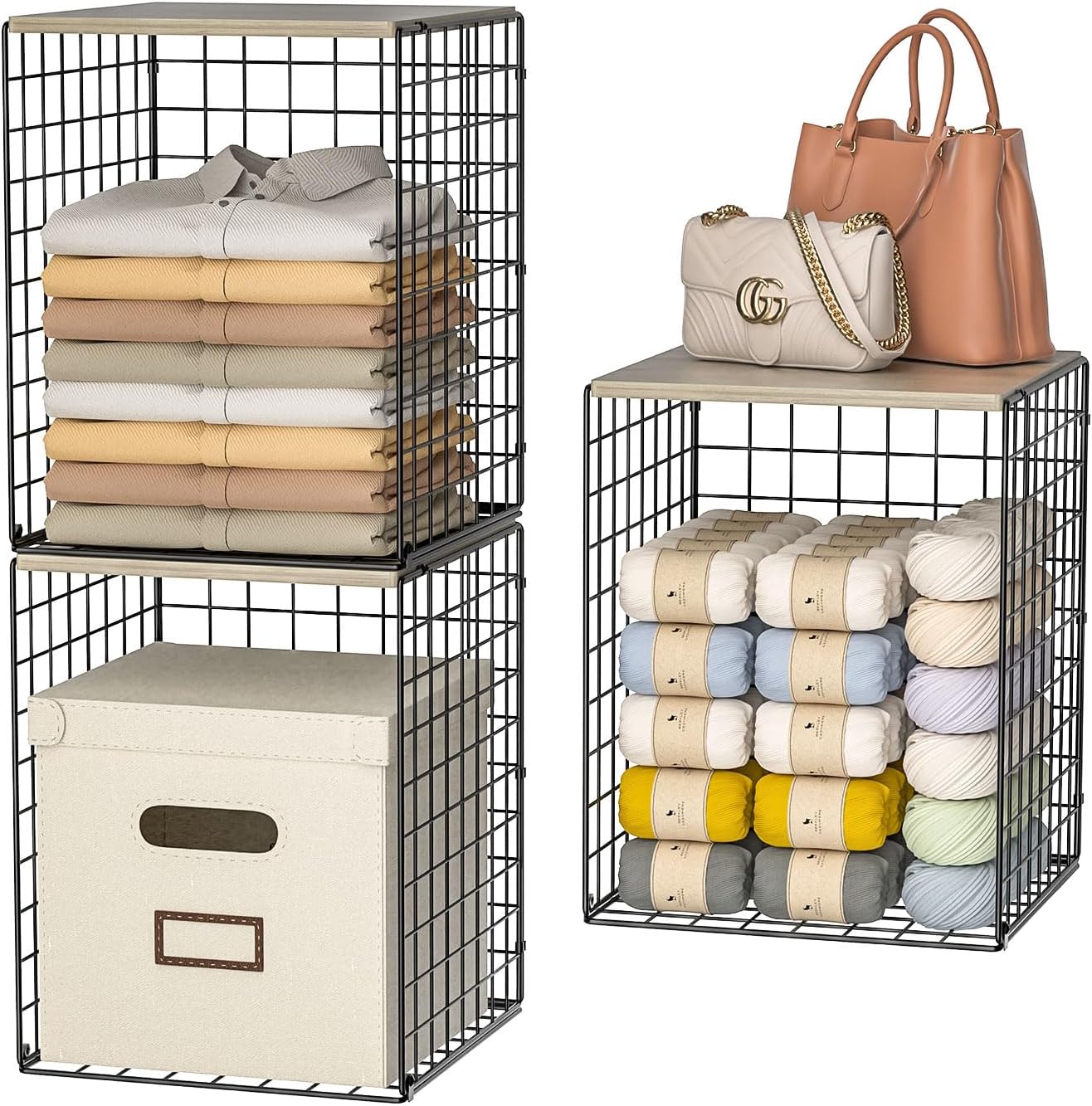 Skiennix Closet Organizer Set - Sturdy Stackable Wire Storage Bins with Wood Top - Black, Set of 3