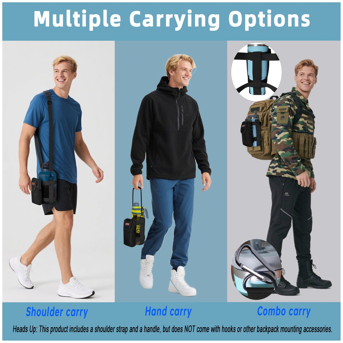 EVOTAUS Detachable Water Bottle Holder with Strap & Tactical Pouch, MOLLE Bottle Carrier Sling, Manual Strap Adjustment for Perfect Fit of Most 18-64 oz Bottles, Black