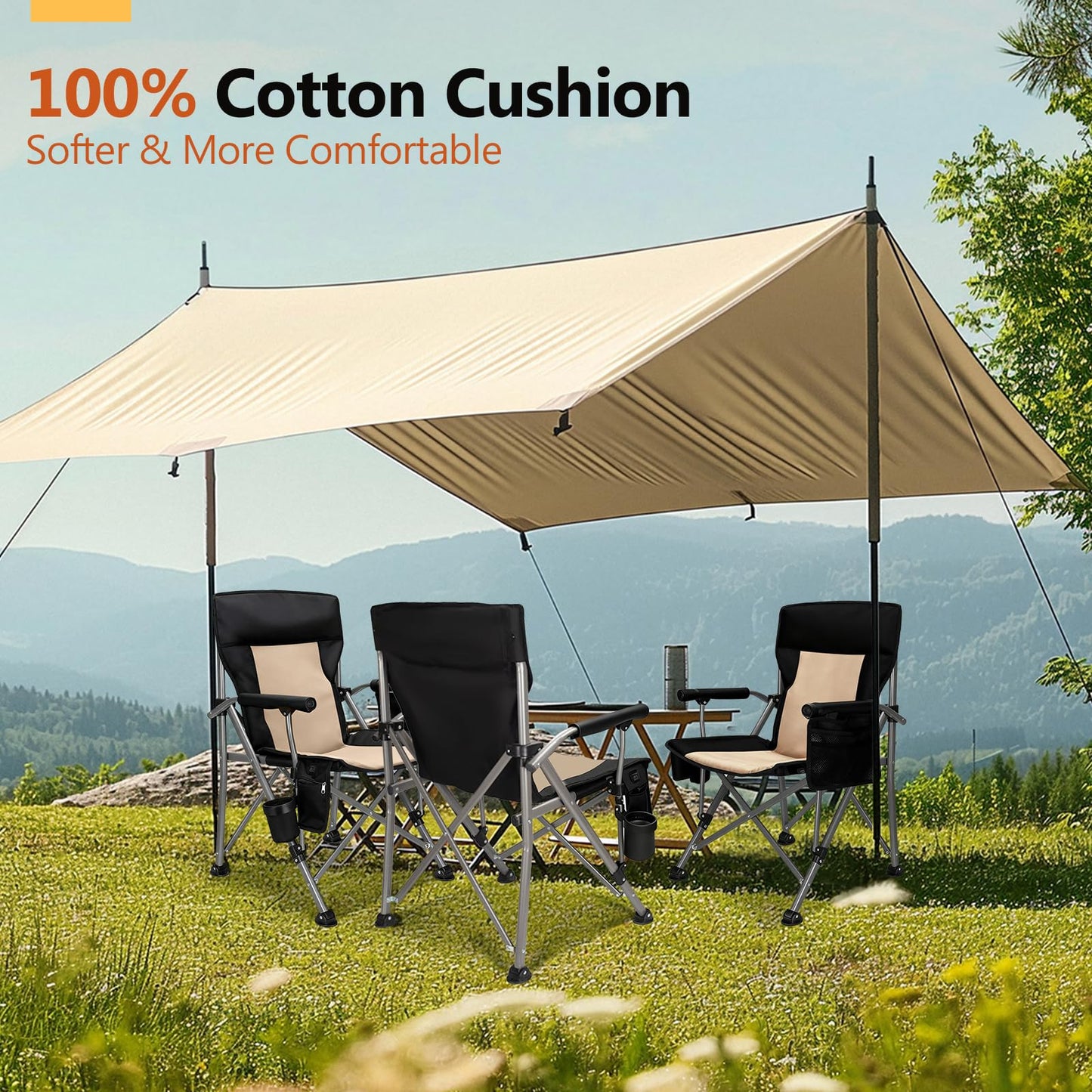 Heated Camping Chair with 20,000 mAh Battery, Loog-Lasting for 500 Mins, Fully Padded Heated Camp Chairs, Heavy Duty Folding Chairs Supports 500 lbs for Winter Camping, Picnics, Tailgating, RV Travel