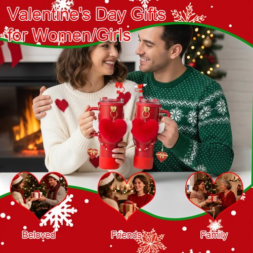 8 Pcs Red Cup Accessories Set for Stanley 30OZ & 40OZ Tumbler with Handle, Red Silicone Boot Water Bottle Handle Strap 2Pcs Straw Covers Heart Charm&Pom-Pom Charm for Stanley Cup