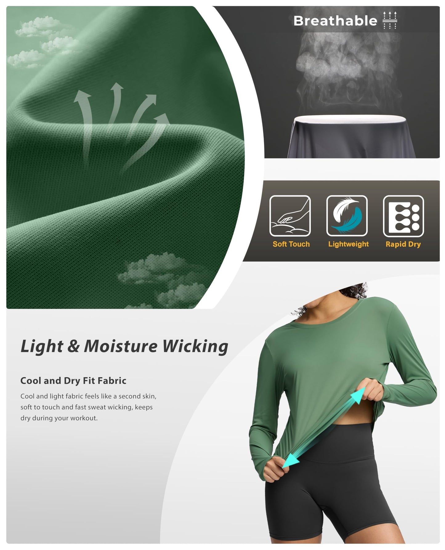 Soothfeel Women's Long Sleeve Running Shirts Workout Tops Athletic Gym Hiking T-Shirts Moisture Wicking Quick Dry Lightweight Stretchy Green M