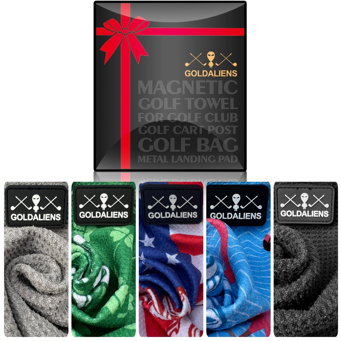 GOLDALIENS Magnetic Golf Towel for Men and Women with Clip,Printed Microfiber Waffle Design,Super Magnets Attached to Metal Landing Pads for Golf Carts, Clubs and Golf Bags, for Golfers