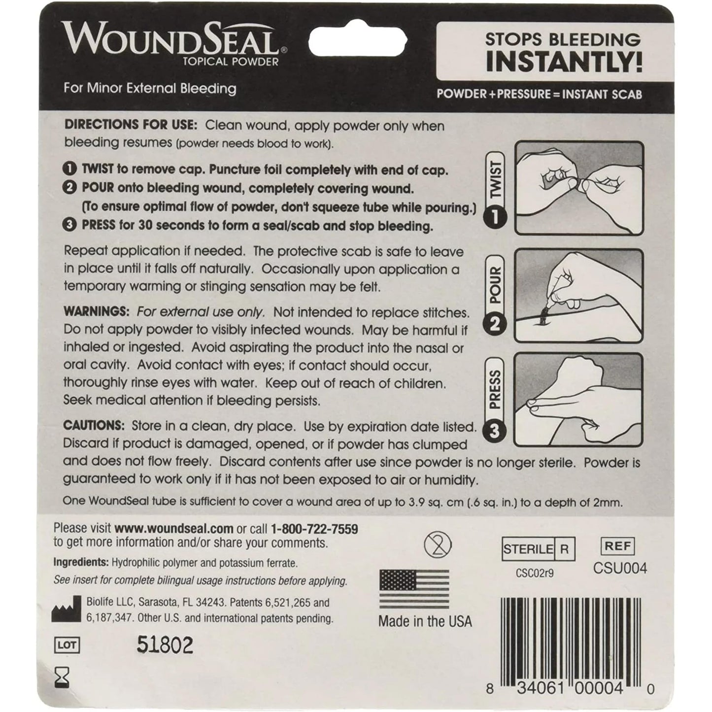 WoundSeal Powder 4 Each (Pack of 4) - Wound Care First Aid for Cuts, Scrapes and Abrasions - Stops Bleeding in Seconds Without Stitches or Bandages