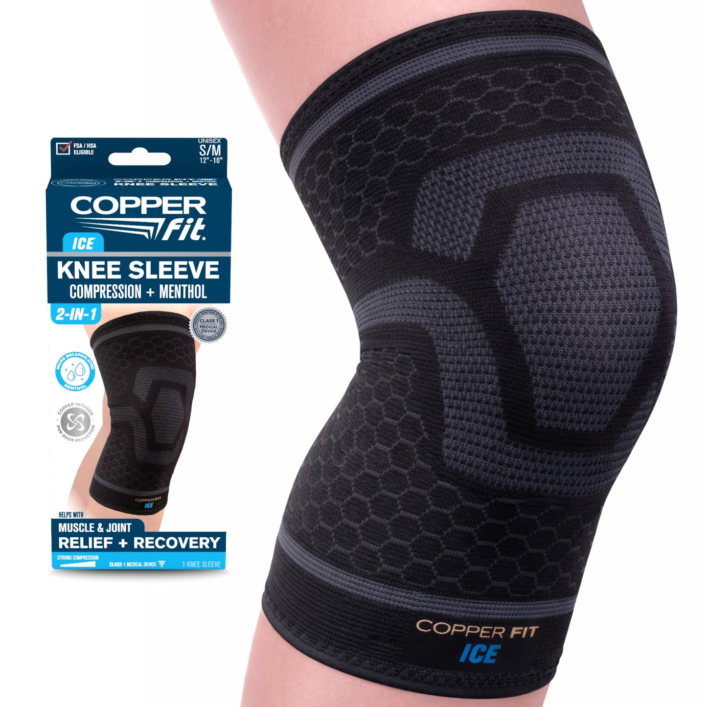 Copper Fit Unisex Adult ICE Sleeve, L/XL Knit Compression Knee Sleeve Infused with Menthol and CoQ10 for Maximum Recovery, Black, Large/X-Large US
