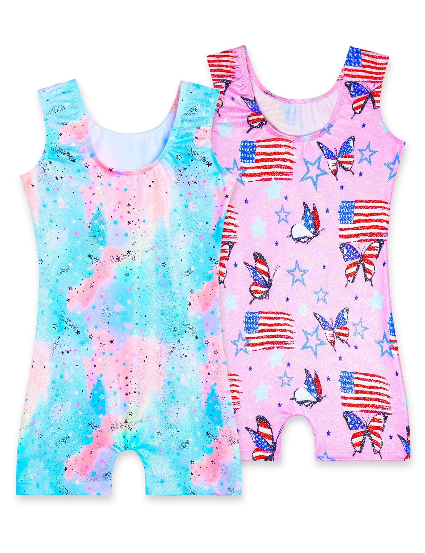 Nokecina 2 Pack Gymnastics Leotards for Girls Size 4t 5t Sleeveless Shiny Tumbling Unitard Pink Blue Biketards with Shorts