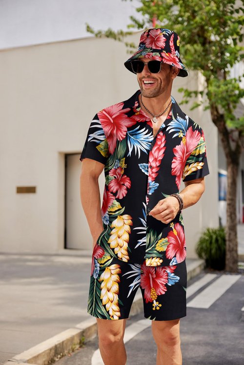 COOFANDY Men's Hawaiian Short Sleeve Sets Beach Outfits Rave 2 Piece Shirt Suits with Hats