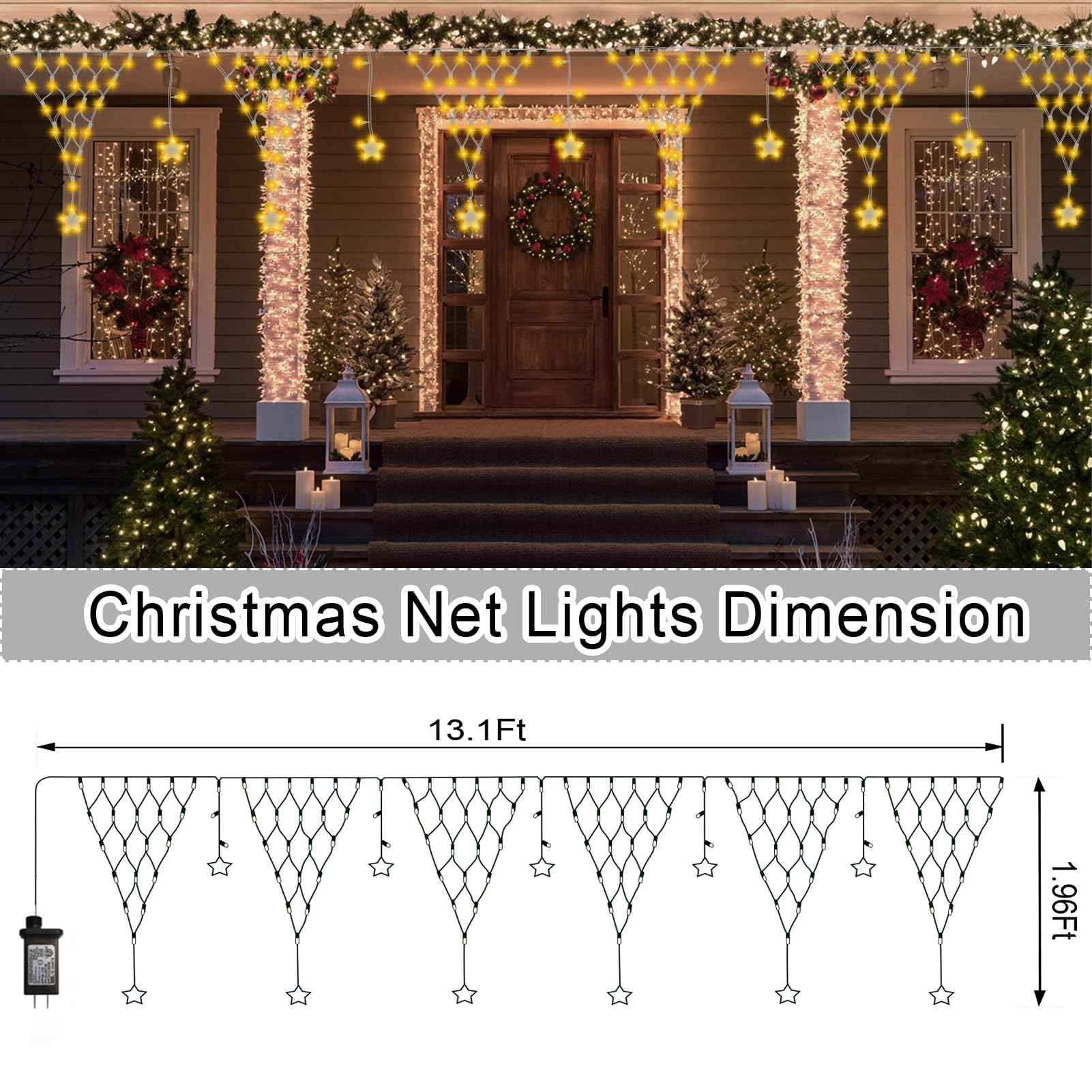 DBFAIRY Christmas Net Lights,196 LED 13.1x1.9Ft Waterproof Outdoor Christmas Lights Net Mesh Light Mains Powered Timer Built in LED Net Light Holiday Decor for Balcony Fence Roof Railing Wall