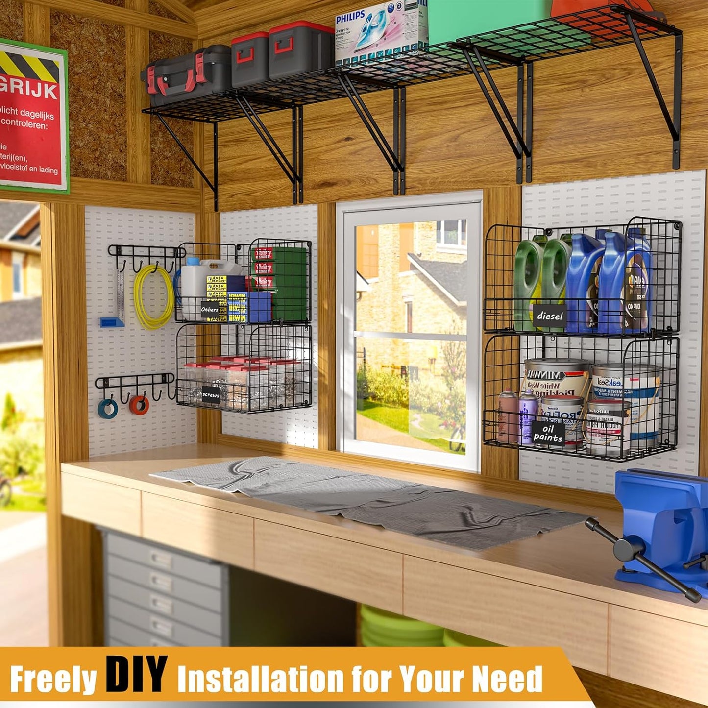Heavy-Duty Wall-Mounted Garage Shelves with Wire Baskets & Hooks - 2 Pack Tool Organizer for Home & Garden Storage