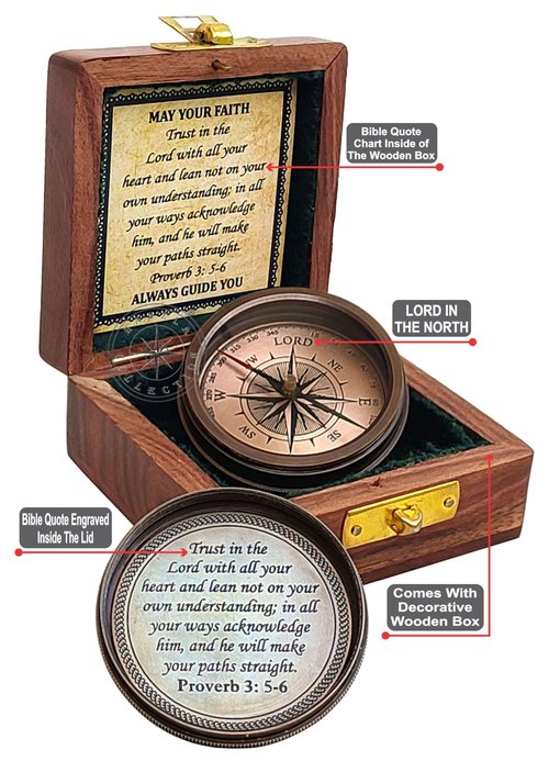 Trust in The Lord with All Your Heart - Proverbs 3: 5-6 Quote Engraved Compass with Wooden Box, Greeting Card, Gift Compass, Religious Gifts, Graduation Day Gifts 2025 for Women Men Boys Girls