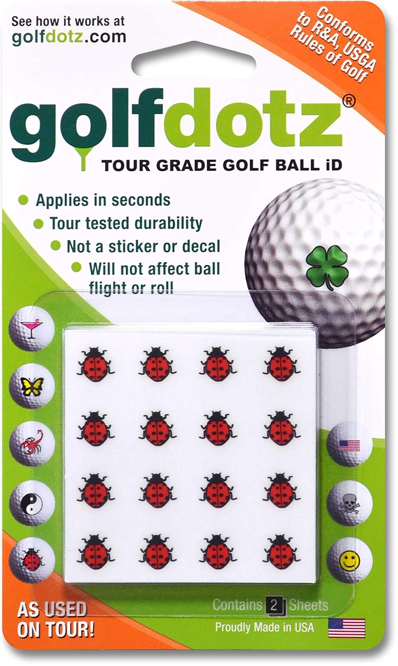 Golfdotz - USGA Rule Conforming Golf Ball Markers, Golf Ball Stickers for Marking Balls, No More Smearing from Stamps, Gifts for Golfers, Dads, and Retirees, (Ladybug; 32-Count)