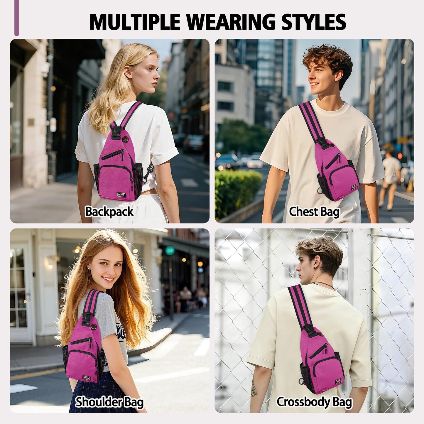 Geestock Convertible Sling Bag for Women Men, Lightweight Crossbody Backpack Daypack Chest Bag Fit 7.9" Tablet for Travel, Sport, Hiking & Commute, Purplishred, 7.09in×3.15in×12.60in