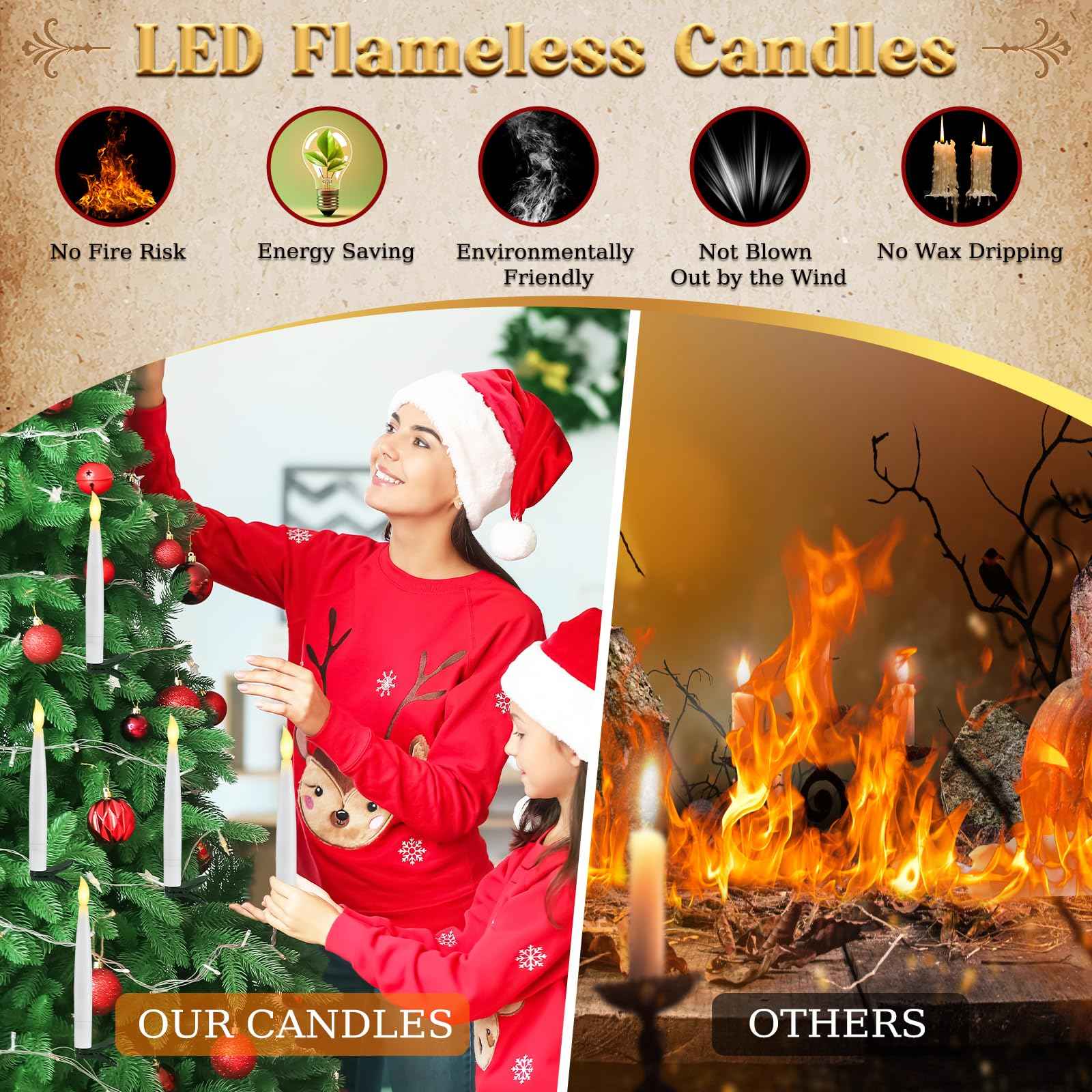 Halloween Decorations - Floating Candles with Wand & 6-Hour Timer - Flameless LED Hanging Candles with Clip, Battery Operated Window Taper Candle for Indoor/Outdoor Halloween & Holiday Decor 12PCS