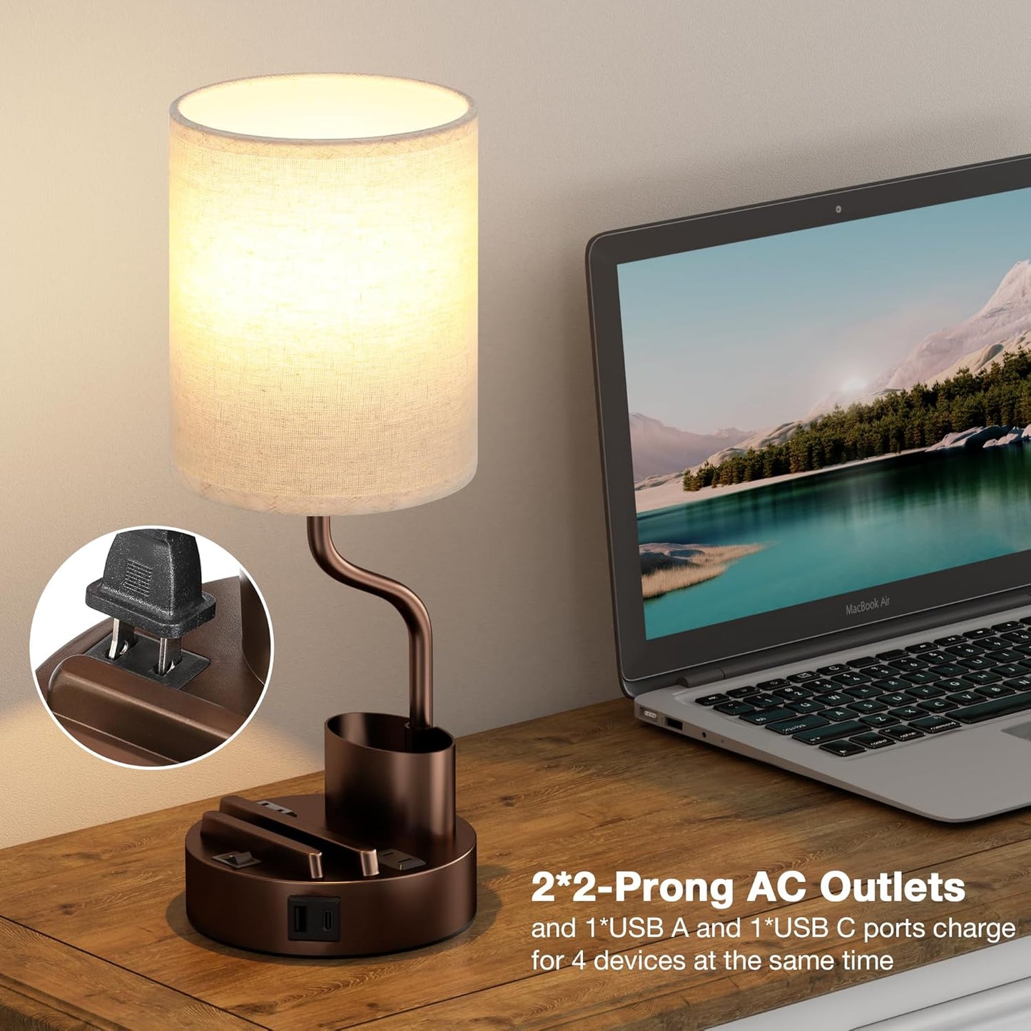 Set of 2 Bedside Table Lamps with USB & AC Outlet - 3 Color Temperatures, Desk Light & Phone Stand for Bedroom, Living Room, Office
