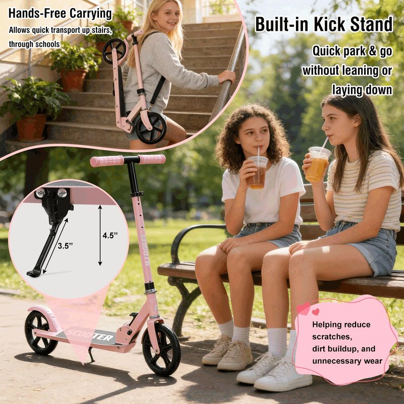 Scooter for Age 6+, with Carry Straps, Folding Kick Scooters for Kids 8-12,Teens, Adults up to 250Lbs,3 Adjustable Height, Rear Brake, Wide Antislip Deck, Lightweight Scooter for Boys Girls