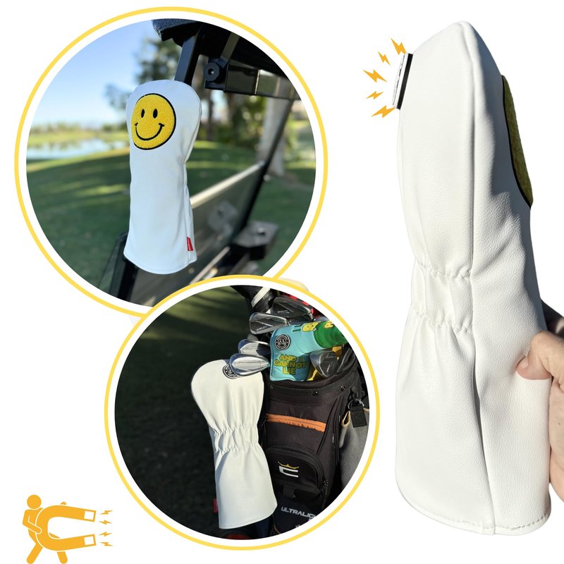 Funny Happy Smile Emoji Driver Headcovers - Smiley Face Club Covers for Golf Clubs, with Rubber Magnet for Secure Positioning and Quick Access, Magnetic Golf Accessories, Madson Golf (White)