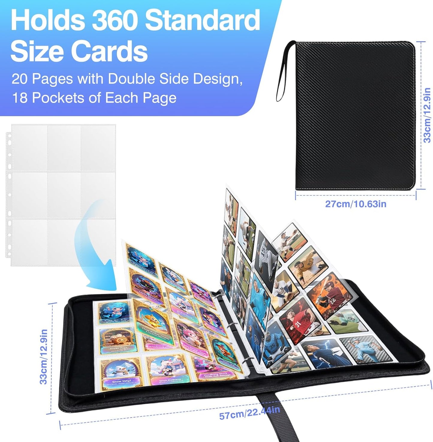 Skiennix 360 Pockets Binder Card Sleeves - Double-Sided 9 Pocket Pages for Trading Cards | Clear Plastic, 20 Pack