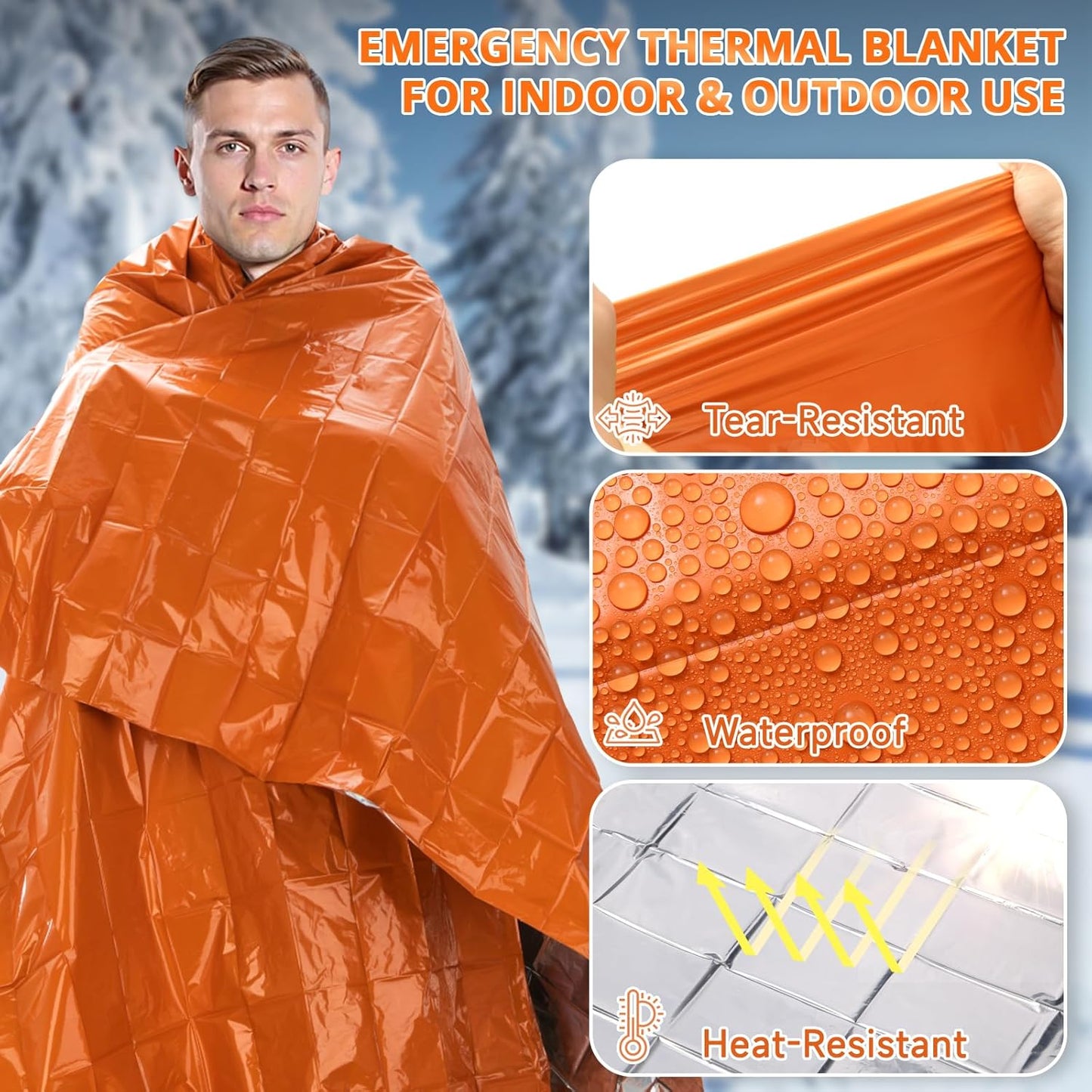 SecuCaptain Thermal Emergency Blankets - Thick 28um Mylar Kit for Cold Weather Camping | 4 Pack - Orange