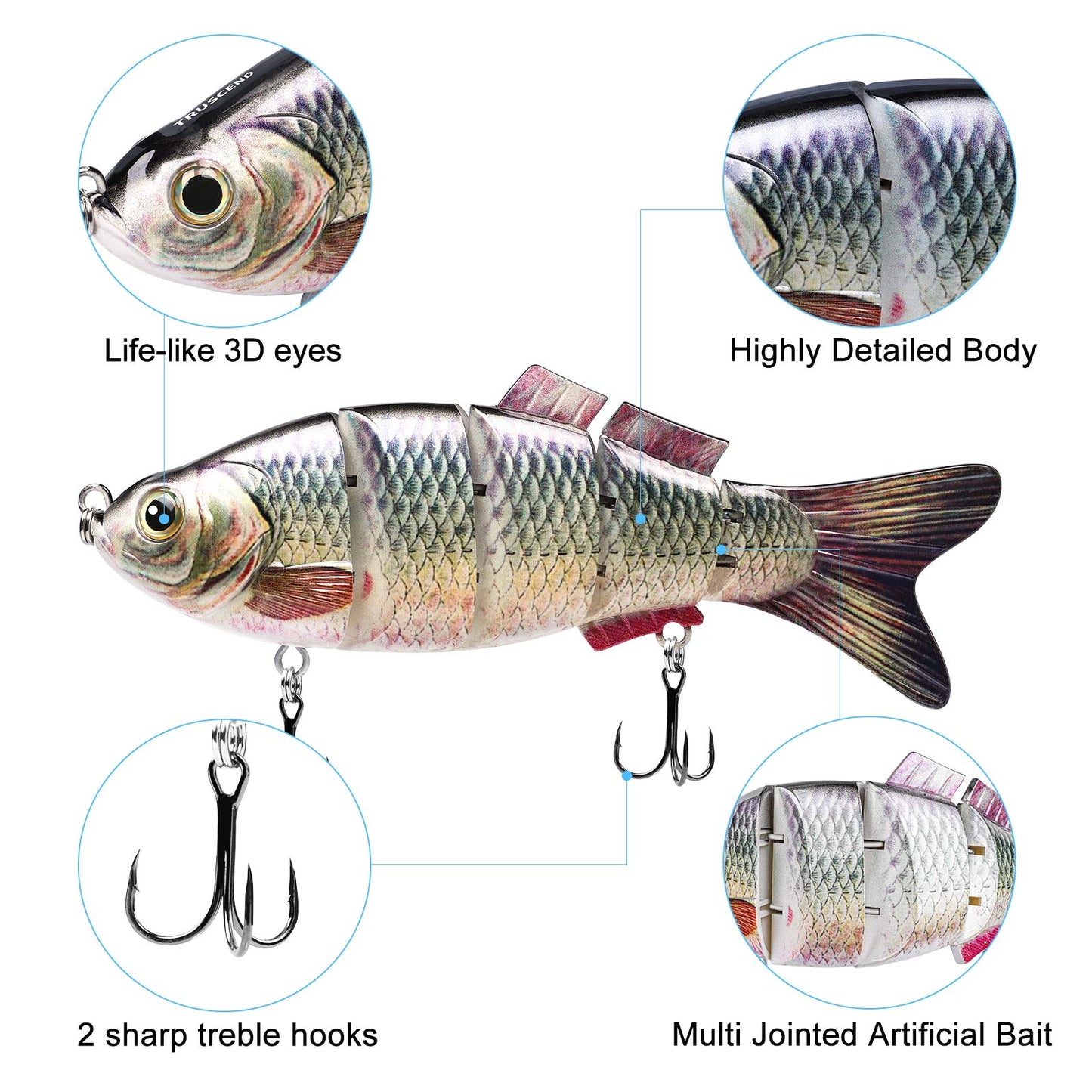 TRUSCEND Easy Catch SwimMax with BKK Hooks, Magic Noisy Wiggling and Vibrating Actions for More Bites, Lifelike Fishing Lures for Bass Trout Walleye Crappie, Strongest Dyneema Fiber Jointed Swimbaits