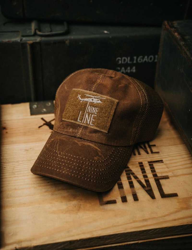 Nine Line Tan Mesh Back Hat with Dropline Logo, Adjustable Trucker Baseball Cap, Embroidered American Flag, Unisex Hat, USA Made