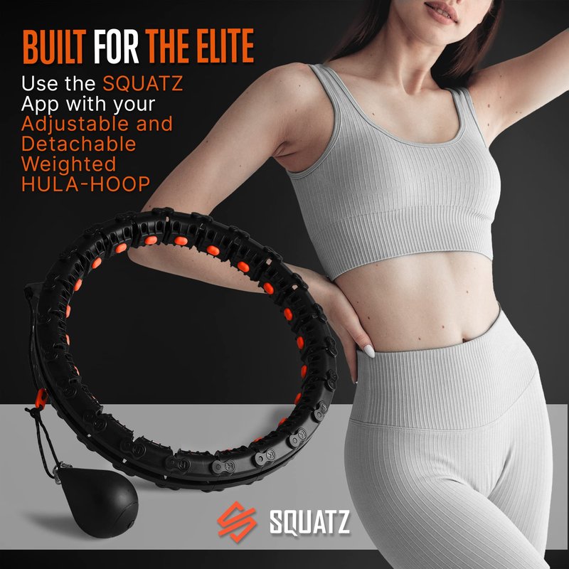 SQUATZ Weighted Smart Hula Hoop - Exercise Hoop with 5 Resistance Bands, 2 Sets of Silent Bearings and Digital Fitness Program, Use for Lower and Upper Body Exercises, Great for Every Body Shape,Black
